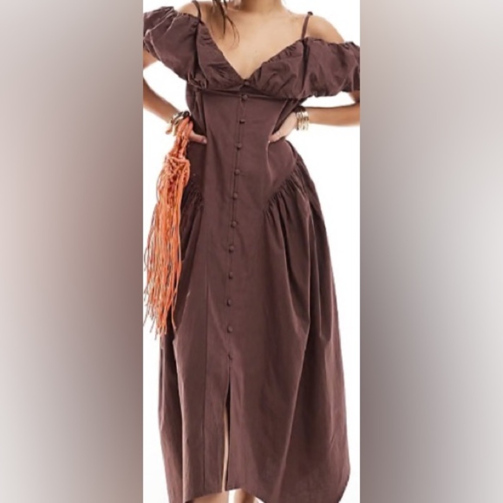 ASOS DESIGN bardot sleeve button up midi dress/oversized skirt/chocolate/US 6